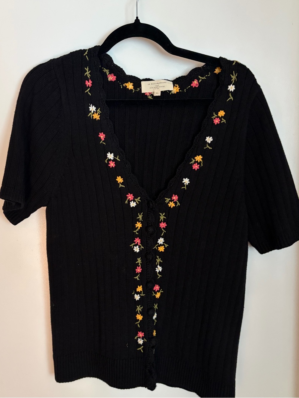Sezane Black Ribbed Knit Top with Floral Embroidery